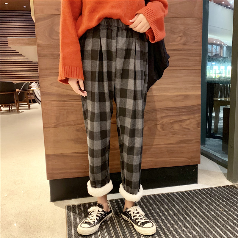 秋冬韓版寬松格子休閑褲高腰加絨加厚保暖直筒褲九分褲學生褲子女