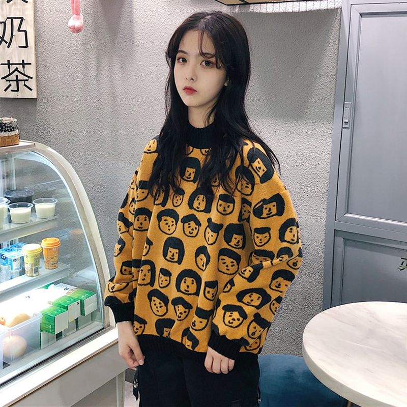 2018新款秋冬韓版寬松原宿風涂鴉毛呢拼接螺紋套頭衛衣上衣外套女