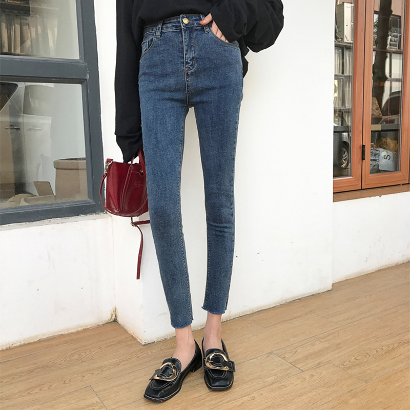 秋季新款女裝百搭側邊開叉高腰修身顯瘦學生鉛筆小腳九分牛仔褲女
