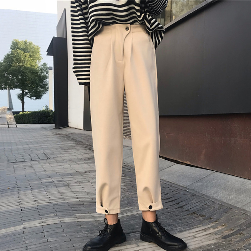 韓版時尚毛呢休閑褲女秋冬裝2018新款學生高腰顯瘦哈倫褲九分褲子