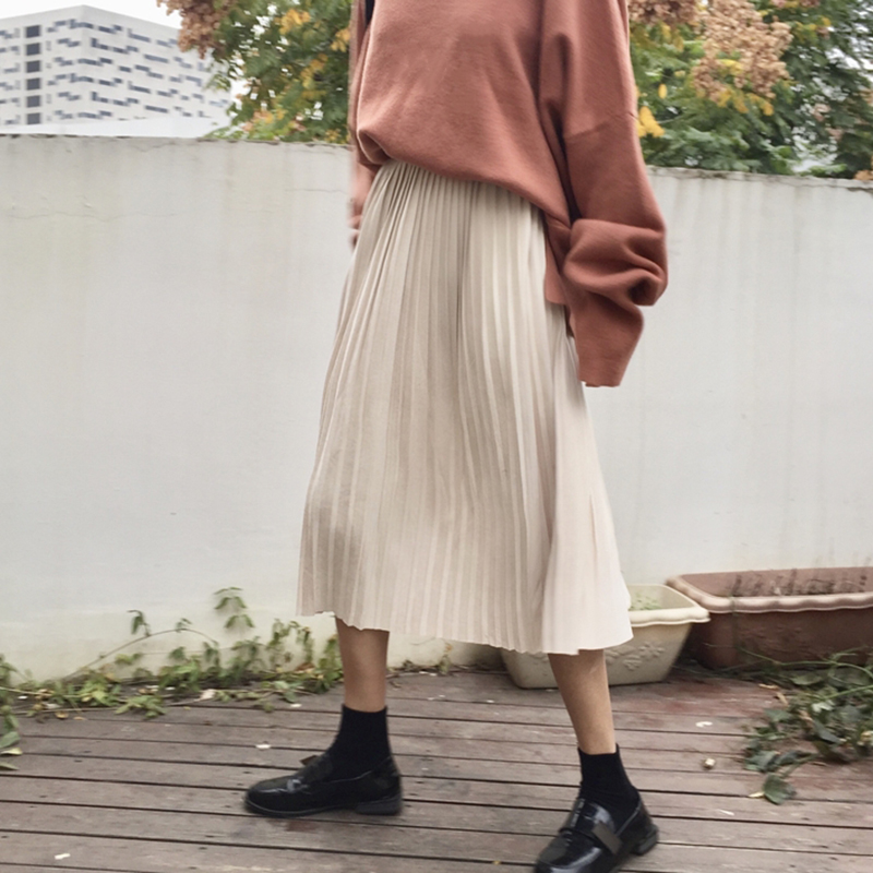 氣質高腰純色半身裙秋裝女2018新款顯瘦a字百褶裙時尚百搭中長裙