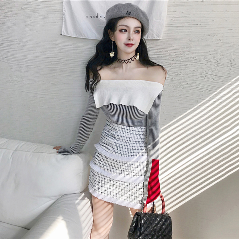 秋裝女2018新款氣質一字肩翻領針織衫高腰流蘇邊包臀半身裙兩件套