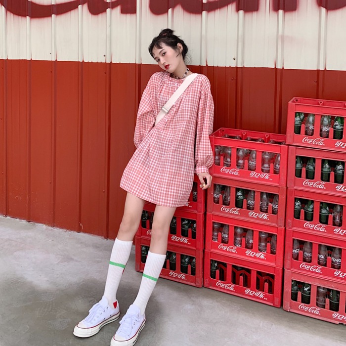 HL哈嘍妹妹 初戀少女粉色蓬蓬裙夏港風學生甜美寬松ins格子襯衫裙
